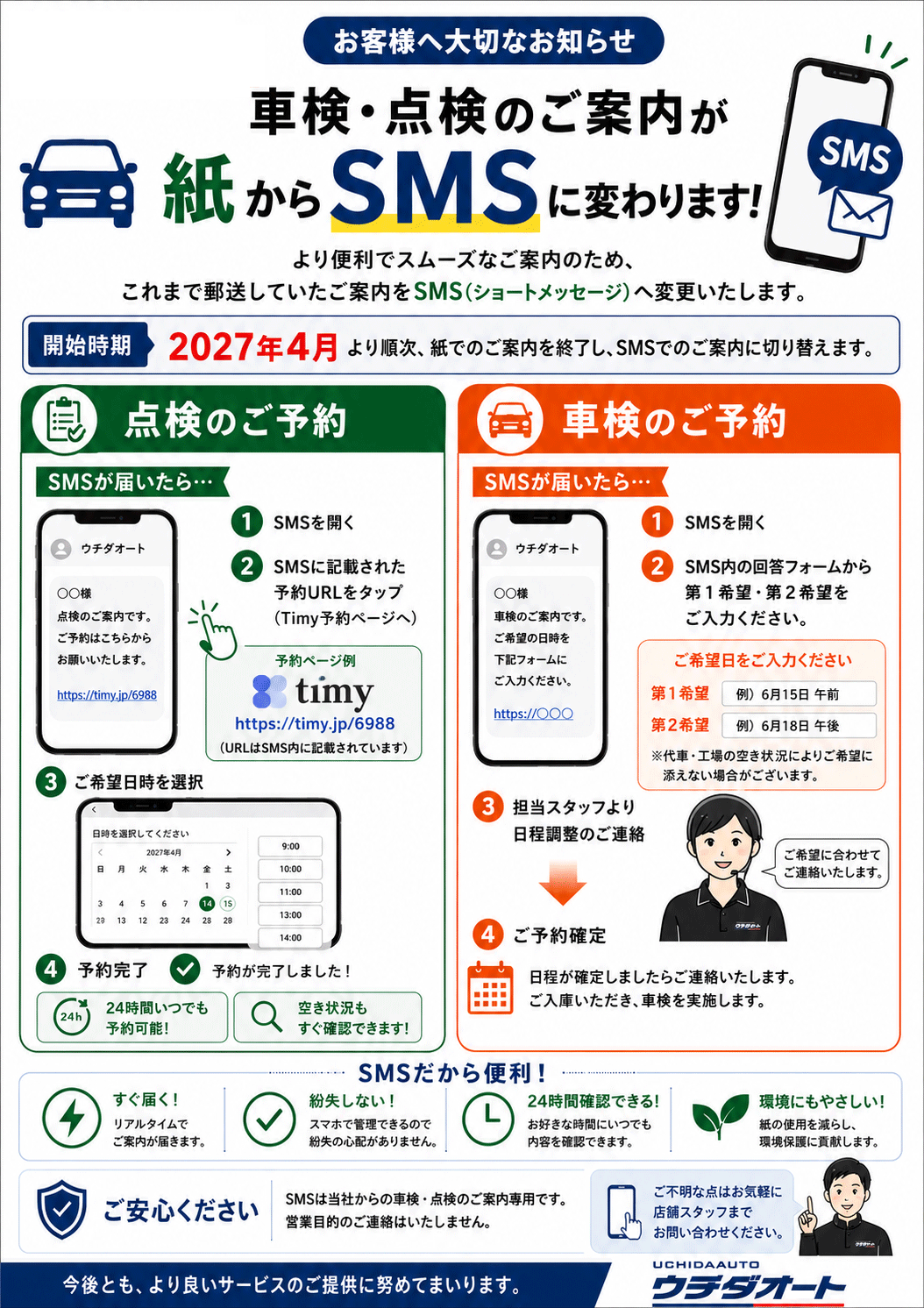 ご案内：車検･点検のご案内が紙からSMSに変わります